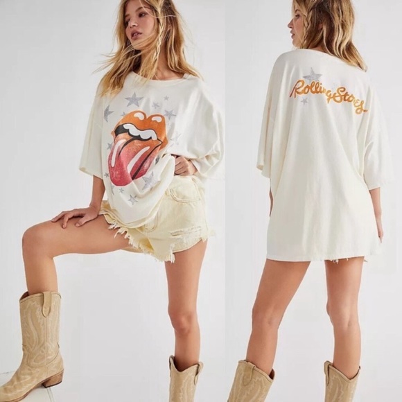 Daydreamer Tops - Daydreamer Free People Rolling Stones Stars Graphic One Size Tee Stone Vintage